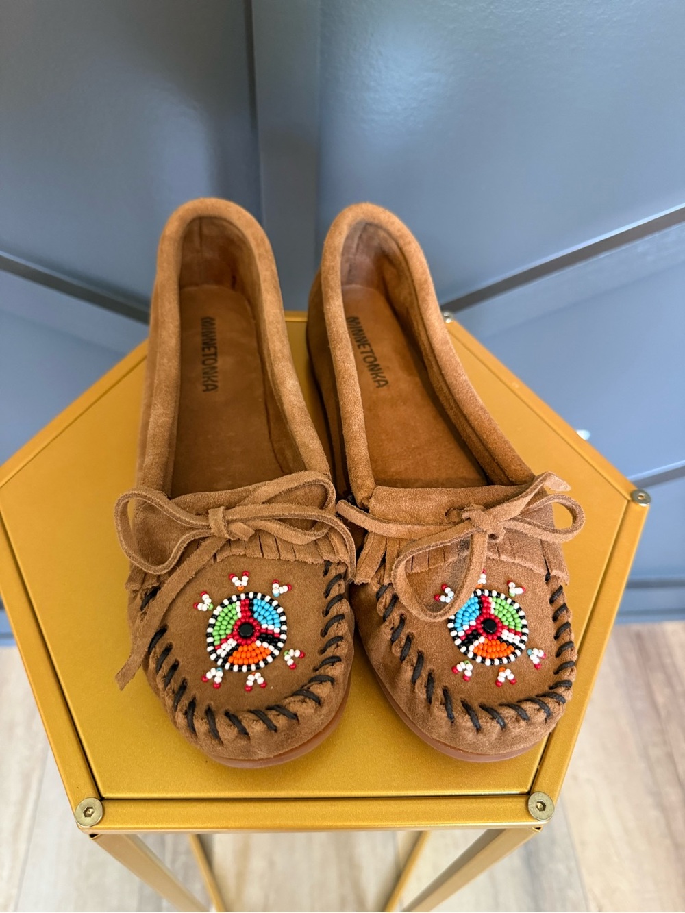 Minnetonka Tan Suede Beaded Moccasins